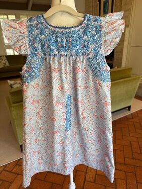 Six Honeybees - Girls' Blue Coral Floral Smocked Flutter-Sleeve Dress - Size: 6Y